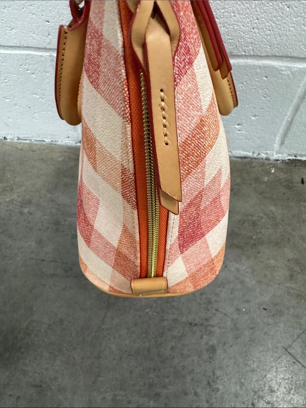 Dooney & Bourke Orange and Cream Plaid Satchel with Tan Trim
